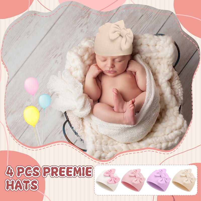 Cuffbow 4 Pcs Preemie Hats Bow Cap Warm Hospital Premature Baby Cotton Beanie for Premature Boy Girl Newborn 3-7 Lbs Infant - Image 3